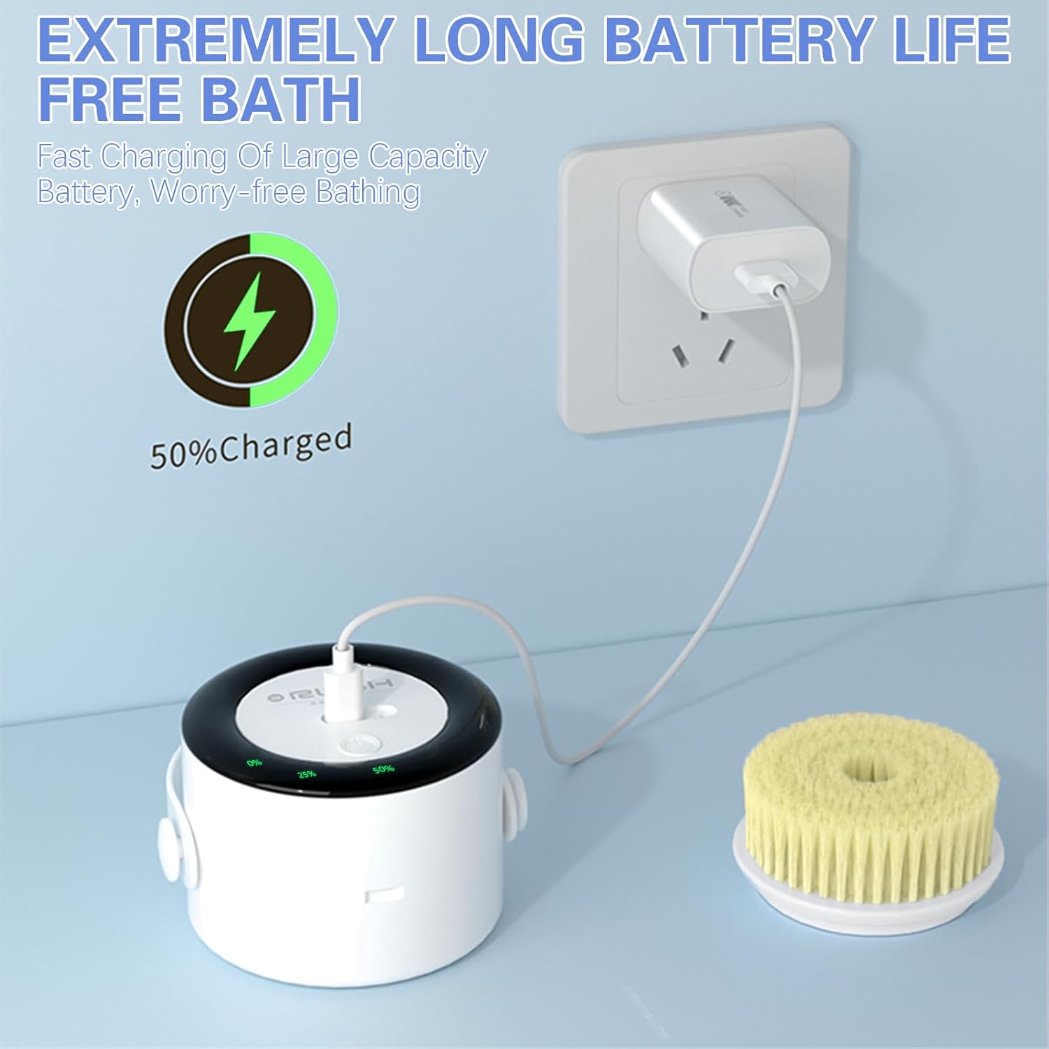 Electric Body Brush Back Scrubber - Waterproof Long Handle 5-in-1 Rechargeable Bath Brush with 3 Speed Modes, Exfoliating & Massaging Shower Brush for Body (White) - Image 6