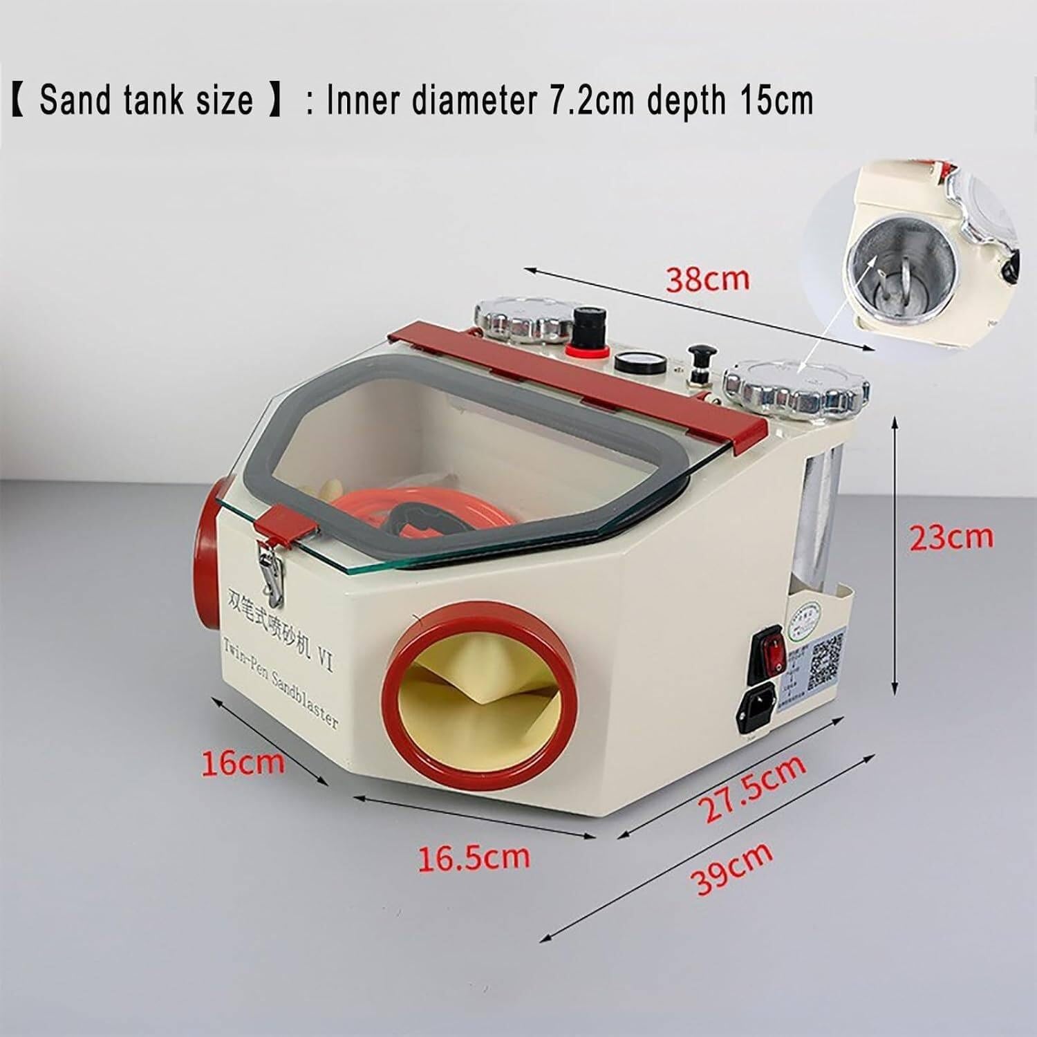 Sandstrahler für Zahntechniklabor, mit Fußsteuerung, 2 Stifte + 2 Tanks, Sandstrahlmaschine für Zahntechnik-Labor, LED-Licht und großes Sichtfenster.