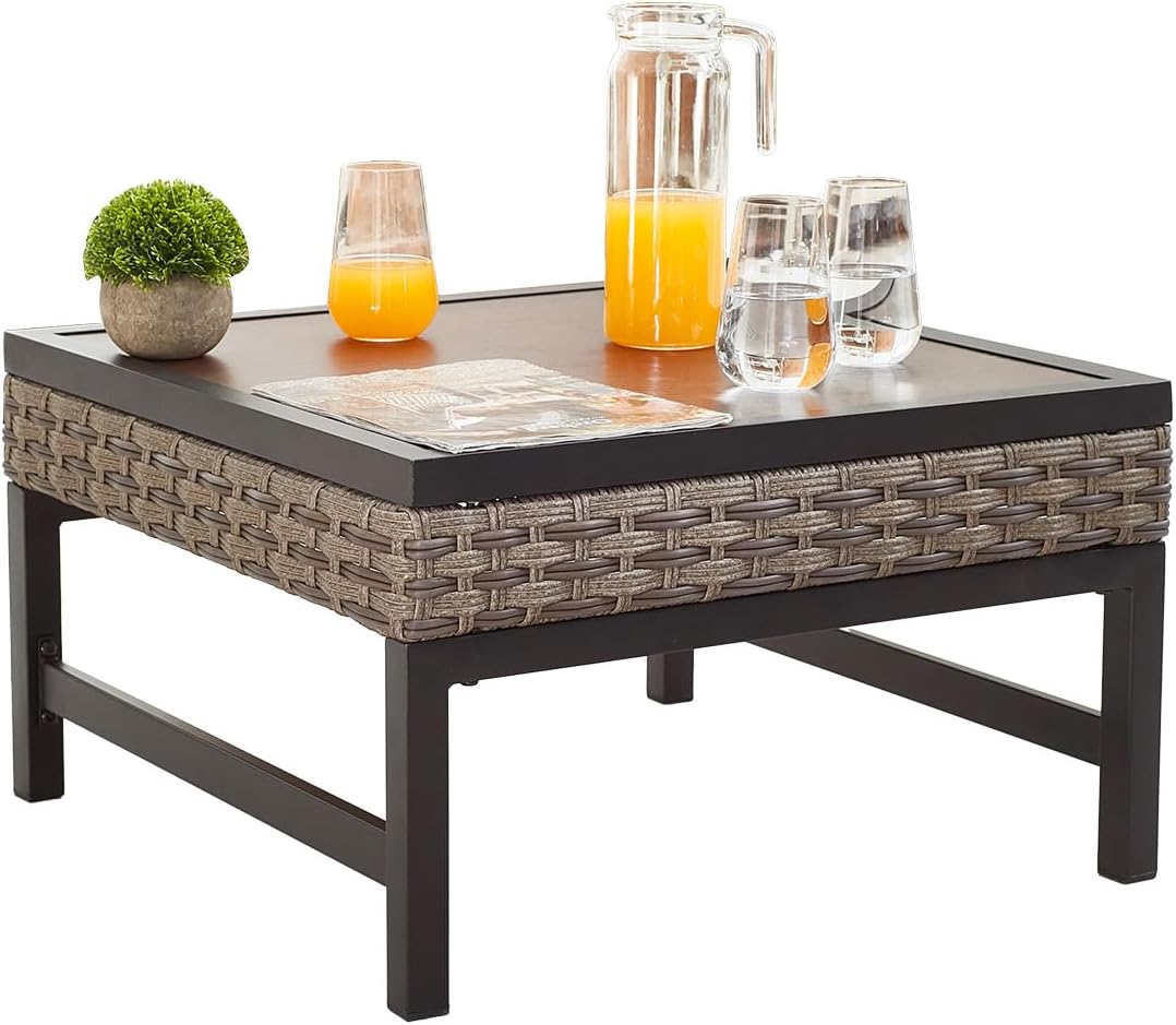 Outdoor Coffee Table 23.6''×23.6'' Patio Metal Table with Wood Grain Top Outside Table Slatted Tabletop for Lawn, Garden, Deck, Backyard, Porch