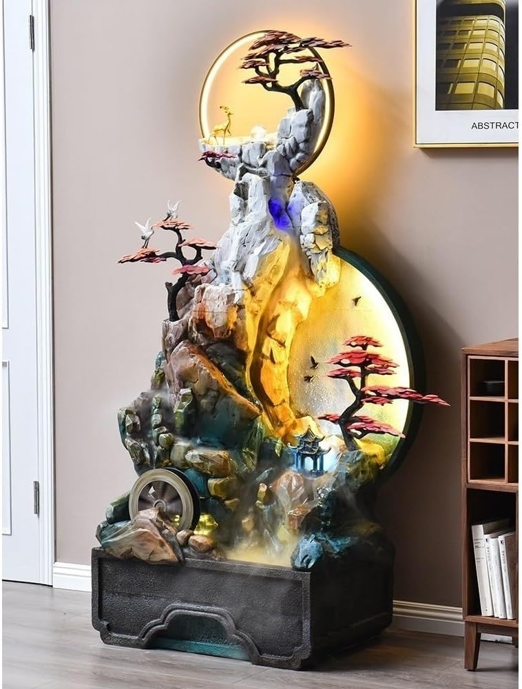 Standing Waterfall Rockery, Flowing Water Landscape Circular Ornaments Feng Shui Wheels, Wealth Attracting Fountains Light Luxury Living Rooms Floor Decorations Floor Fountain