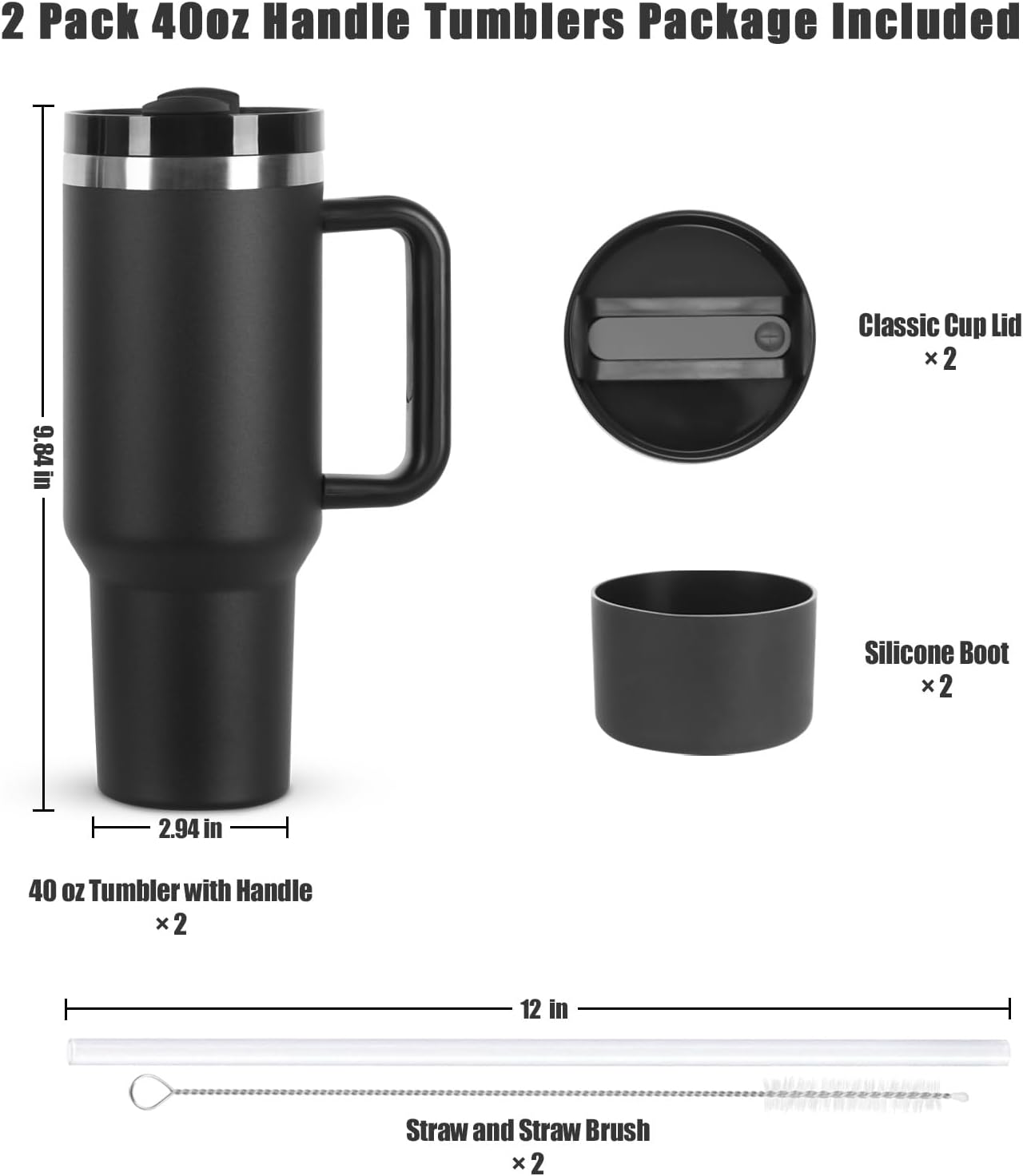2 Pack 40 oz Tumbler with Handle and Straw Lid, Stainless Steel Double Wall Vacuum Insulated Travel Mug, Insulated Coffee Mug, with Silicone Spill Proof Stopper Set(Black) - Image 2