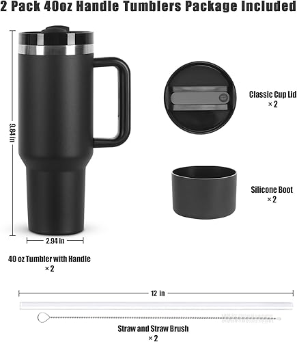 Miniatura 2 de Paquete de 4 vasos de 40 onzas con asa y tapa con pajilla, acero inoxidable de doble pared aislada al vacío, taza de café aislada al vacío con juego