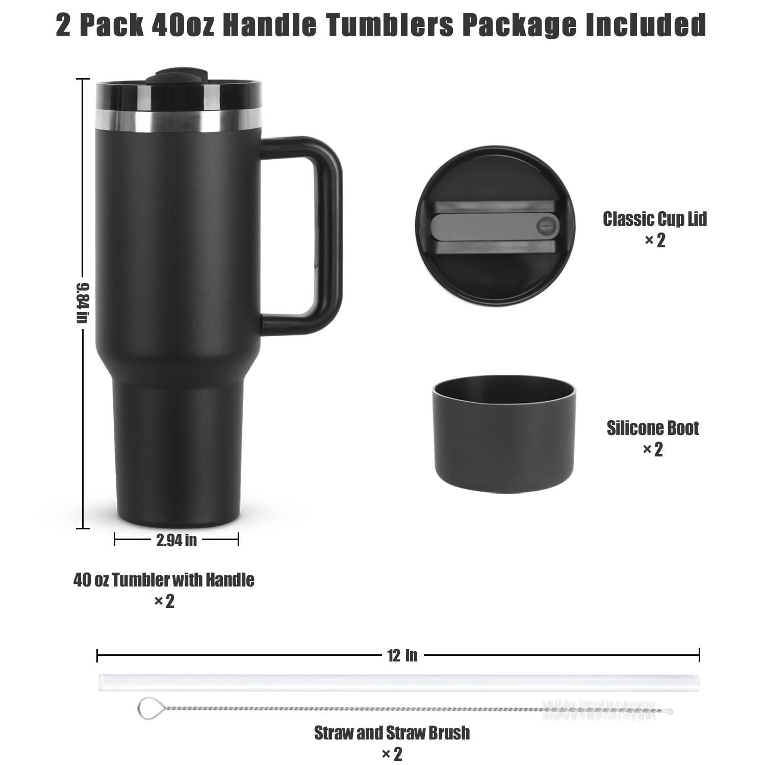 Amazon.com | Temolulu 2 Pack 40 oz Tumbler with Handle and Straw Lid,  Stainless Steel Double Wall Vacuum Insulated Travel Mug, Insulated Coffee  Mug, with Silicone Spill Proof Stopper Set(Black): Tumblers &