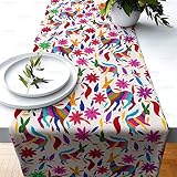 Colorful Mexican Otomi Print Table Runner | Various Sizes - Mexican Folk Art Otomi Flowers and Anima