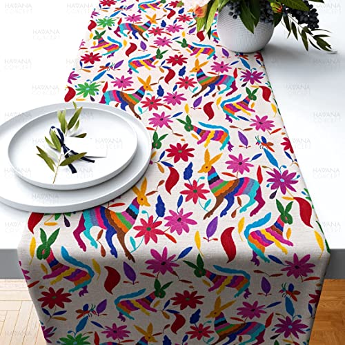 Colorful Mexican Otomi Print Table Runner | Various Sizes - Mexican Folk Art Otomi Flowers And Animals, Handmade Dining Decor Table Runner (16 X 71) #TOP5