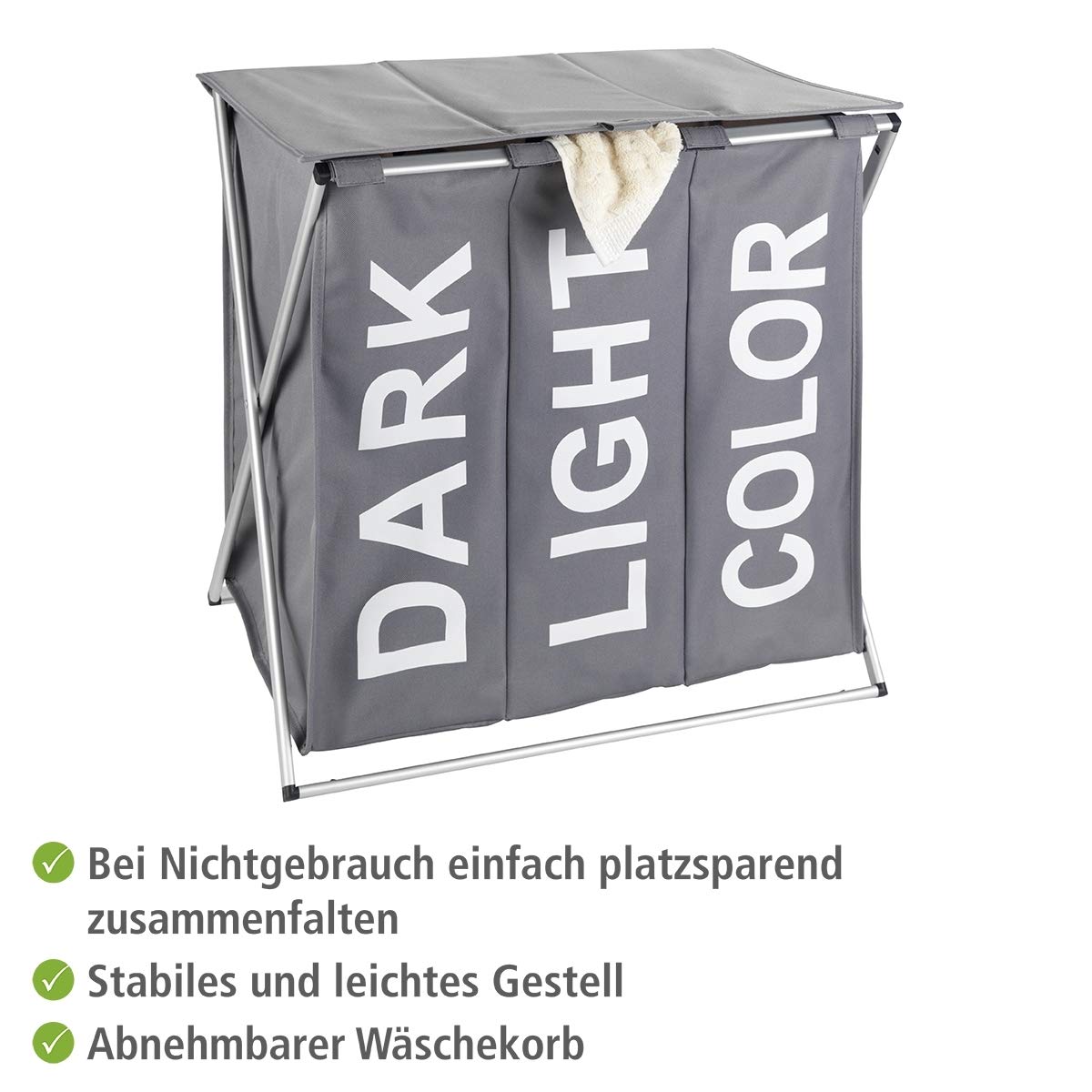 WENKO Wäschesammler Trio Top, Wäschekorb 3 Fächer mit Deckel und Tragegriffen, 118 Liter Volumen, (B x H x T): 57 x 57 x 38 cm, Grau