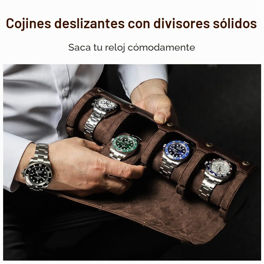 Caja Relojes Organizador, Funda de Cuero Genuino Hecha a Mano, Estuche de Viaje Relojero con 4 Ranuras, con Diseño de Montaje de Cojín Extraíble, Marrón