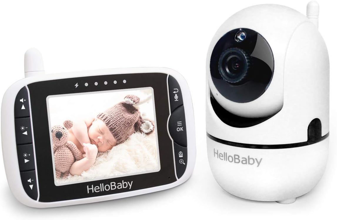 Baby Monitor with Remote Pan-Tilt-Zoom Camera and 3.2'' LCD Screen, Infrared Night Vision, Temperature Display, Lullaby, Two Way Audio, with Wall Mount Kit (White)