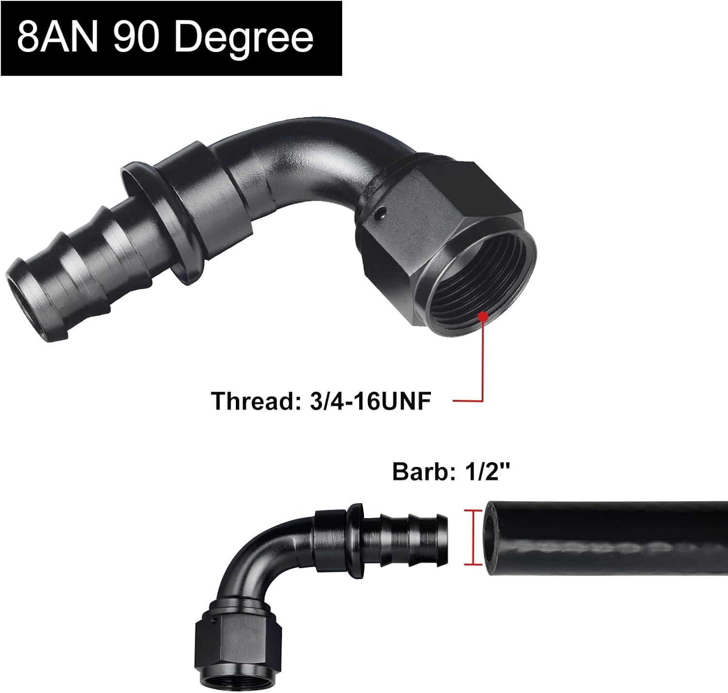 8AN 90 Degree Push Lock Fuel Hose Fitting End Adapter Aluminum Black 2PCS