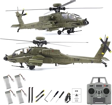 RC-ERA C170 AH-64D 6CH RC Helicopter 1/48 Flybarless Military Aircraft with Optical Flow Positioning,Altitude Hold,Brushless Motor,One-Key Inverted Flight-Army Green/4 Battery