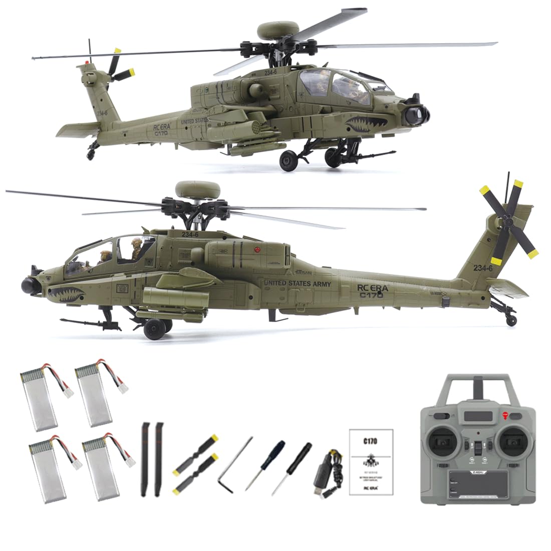 NULA RC-ERA C170 AH-64D RC Helicóptero 1:48 Flybarless Militar Avión Militar, 2,4 G 6 CH con posicionamiento de flujo óptico, mantenimiento de altitud, motor sin escobillas, verde militar invertido/4