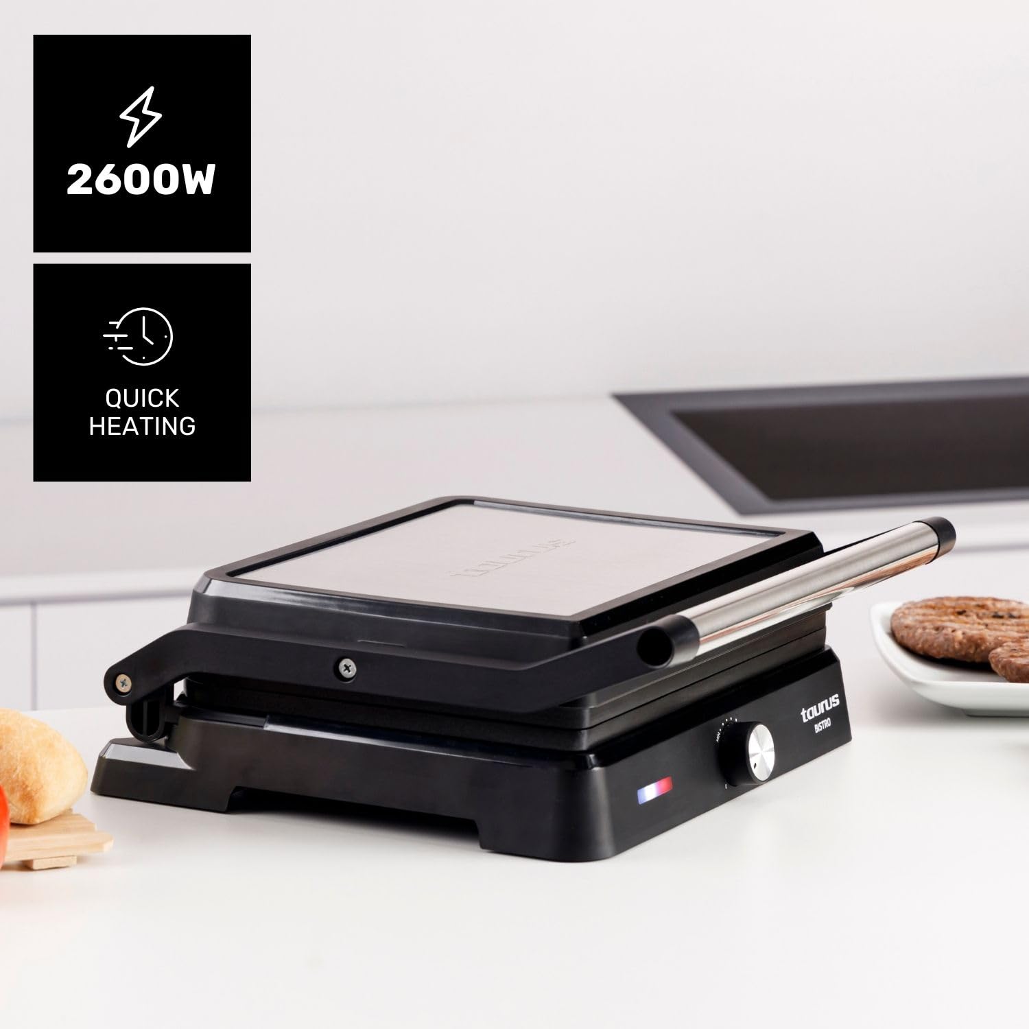 Taurus - Grill Bistro 2600W | 2 en 1: Grill y Plancha | Placas de 29x23 cm | Placa Basculante y Apertura 180º | Revestimiento Antiadherente sin PFOA | Bandeja Recogegrasas | Termostato Regulable