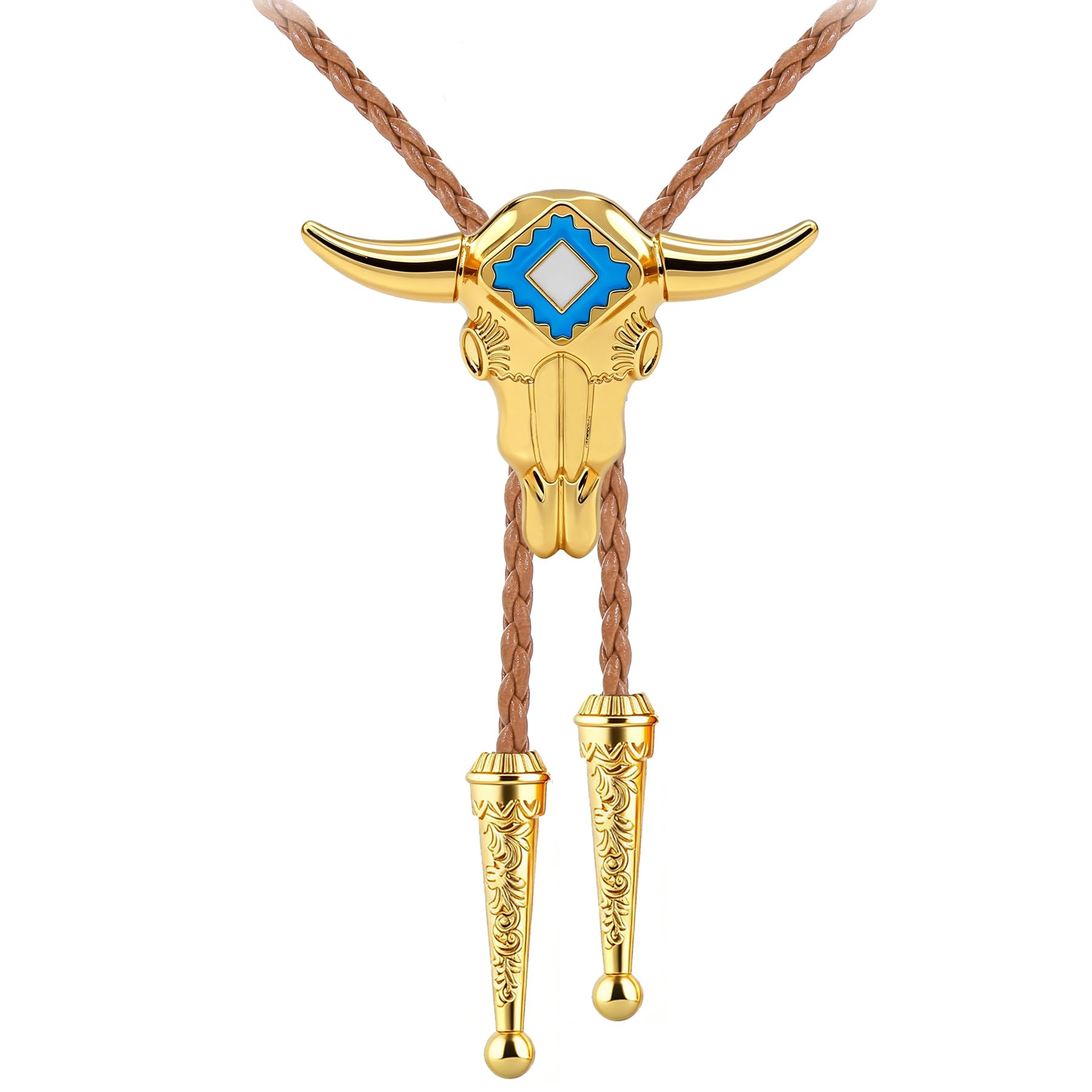 GelConnie Longhorn Bull Bolo Tie for Men Native American Western Cowboy Leather Necktie Bolo Necklace for Women Gold Texas