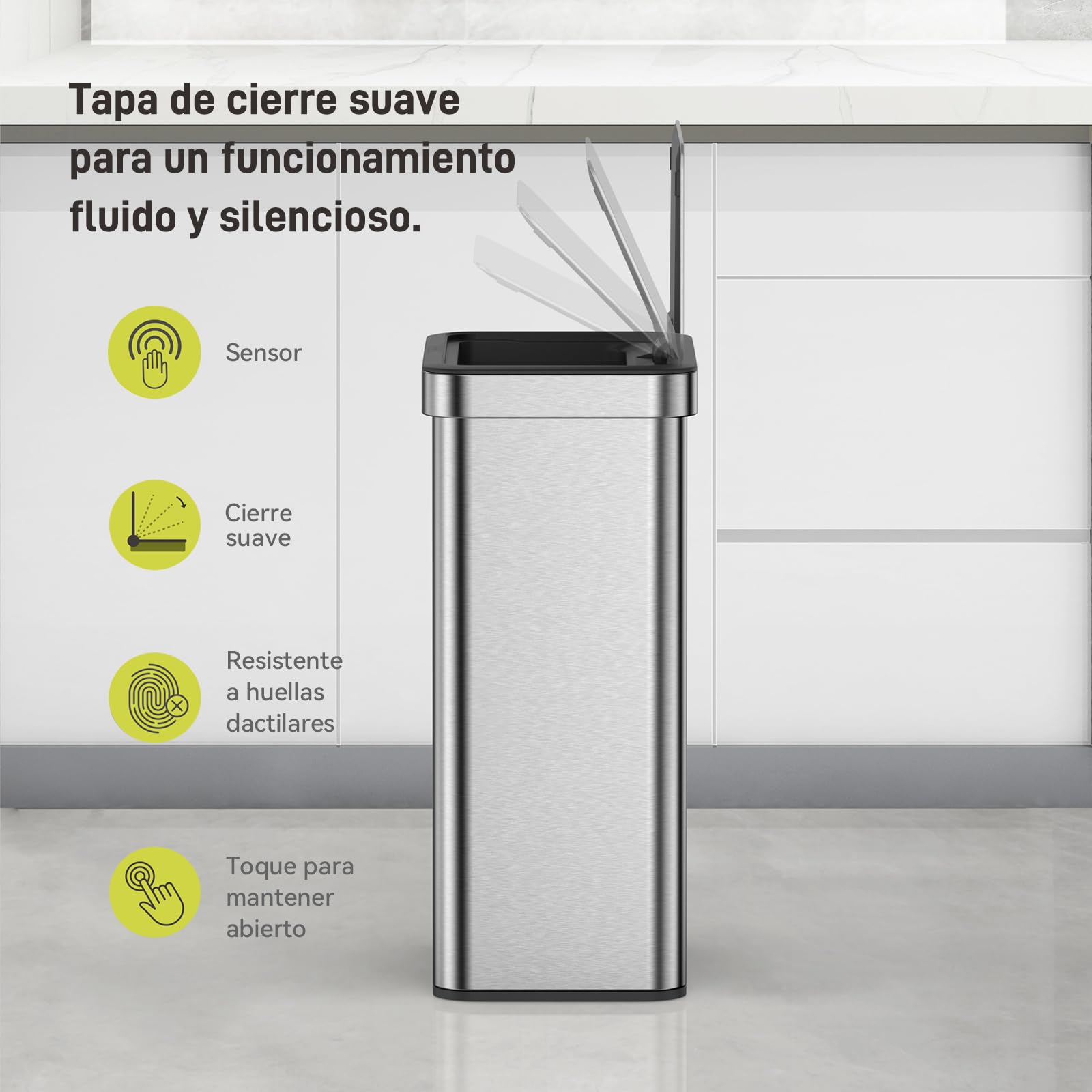 EKO Econova Mirage Cubo Basura Reciclaje para Cocina 30 L + 30 L con Sensor | Sensor de Movimiento, Acero Inoxidable Cepillado, 2 Compartimientos, Cierre Silencioso, Para Cocina