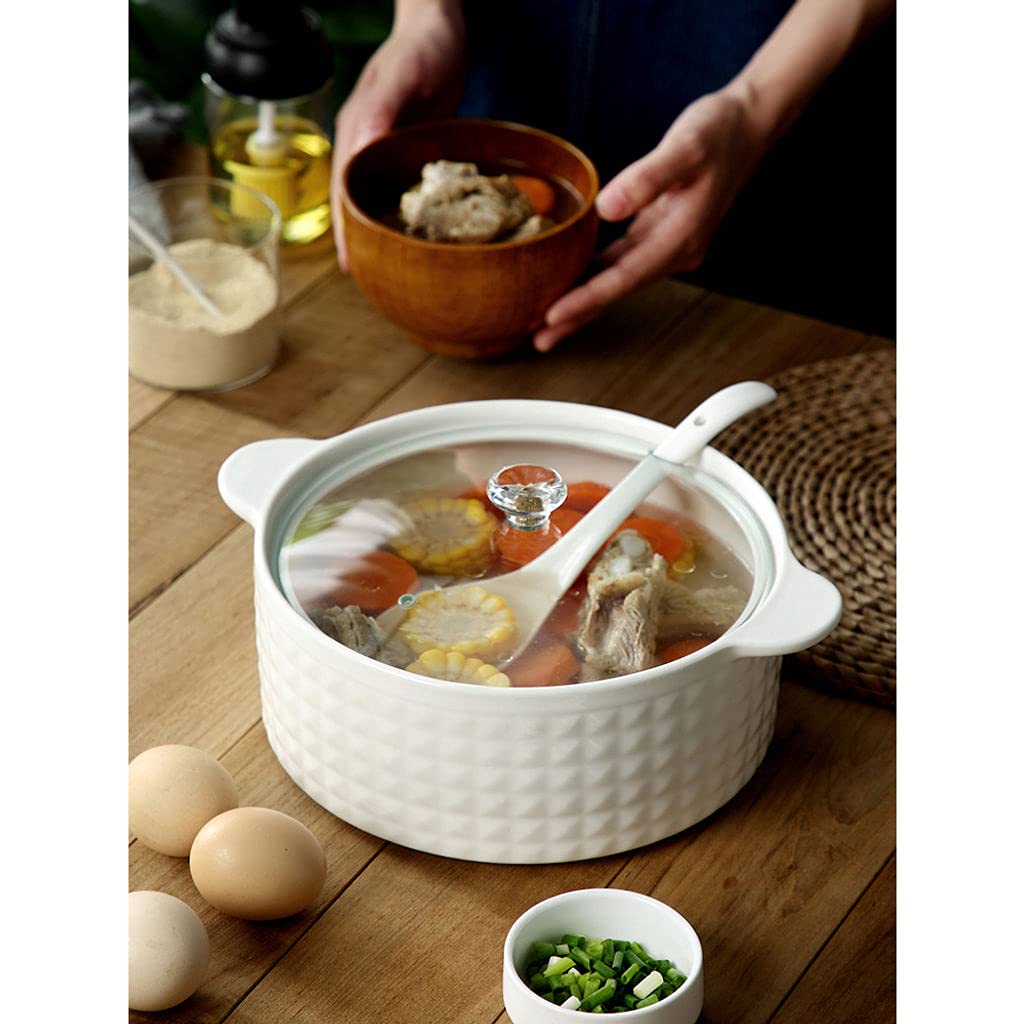 Zuppiera con 2 Maniglie E Coperchio, 2000ML Zuppiere con Maniglie Cucchiaio in Ceramica Porcellana Forno Microonde Cucina Stile Giapponese Grande per Brodo-Bianco