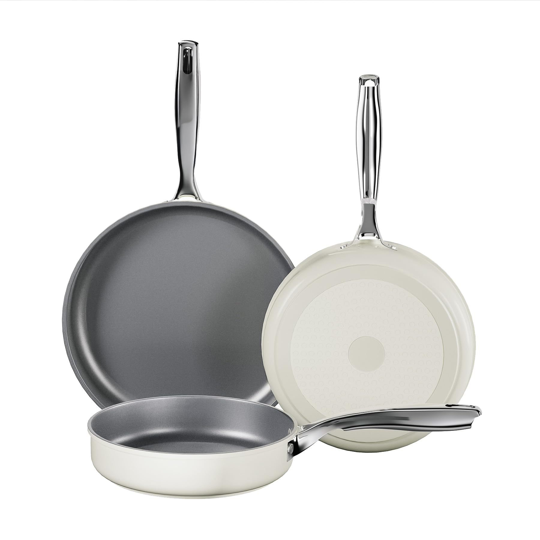 Koch Kode Ceramic Non-Stick Frying Pan Set, 3 Pieces, 20 cm, 24 cm, 28 cm with Stainless Steel Handles, Induction Cookware Set, Dishwasher Safe, Gas and Oven Compatible, Beige