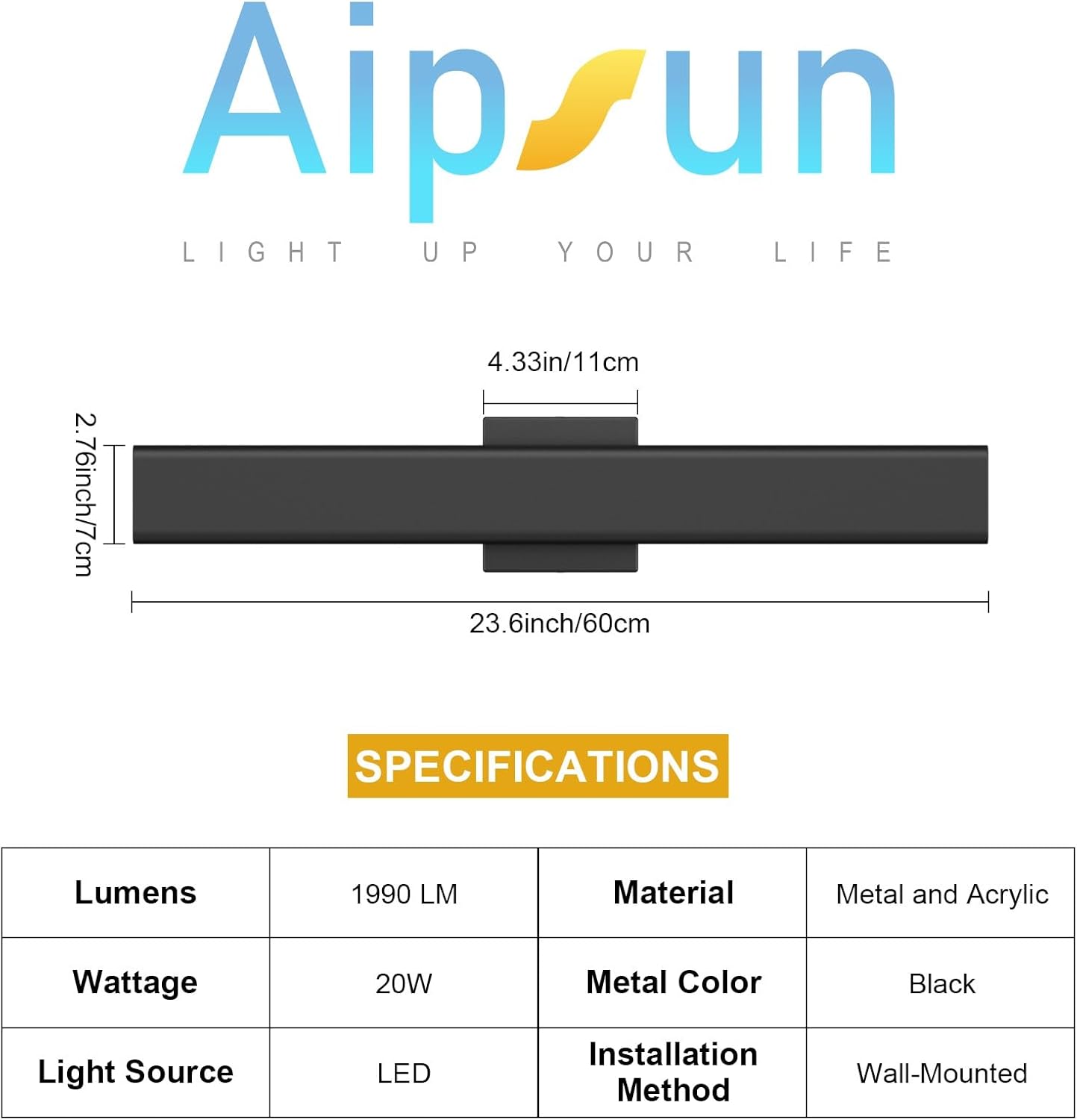 Aipsun Black Outdoor Wall Sconce 3000K 4000K 6000K, 23.6in Modern Exterior Light 1 Pack, Long LED Linear Wall Light Outside Lighting for Entrance, Hallway, Garage, Porch(3CCT)