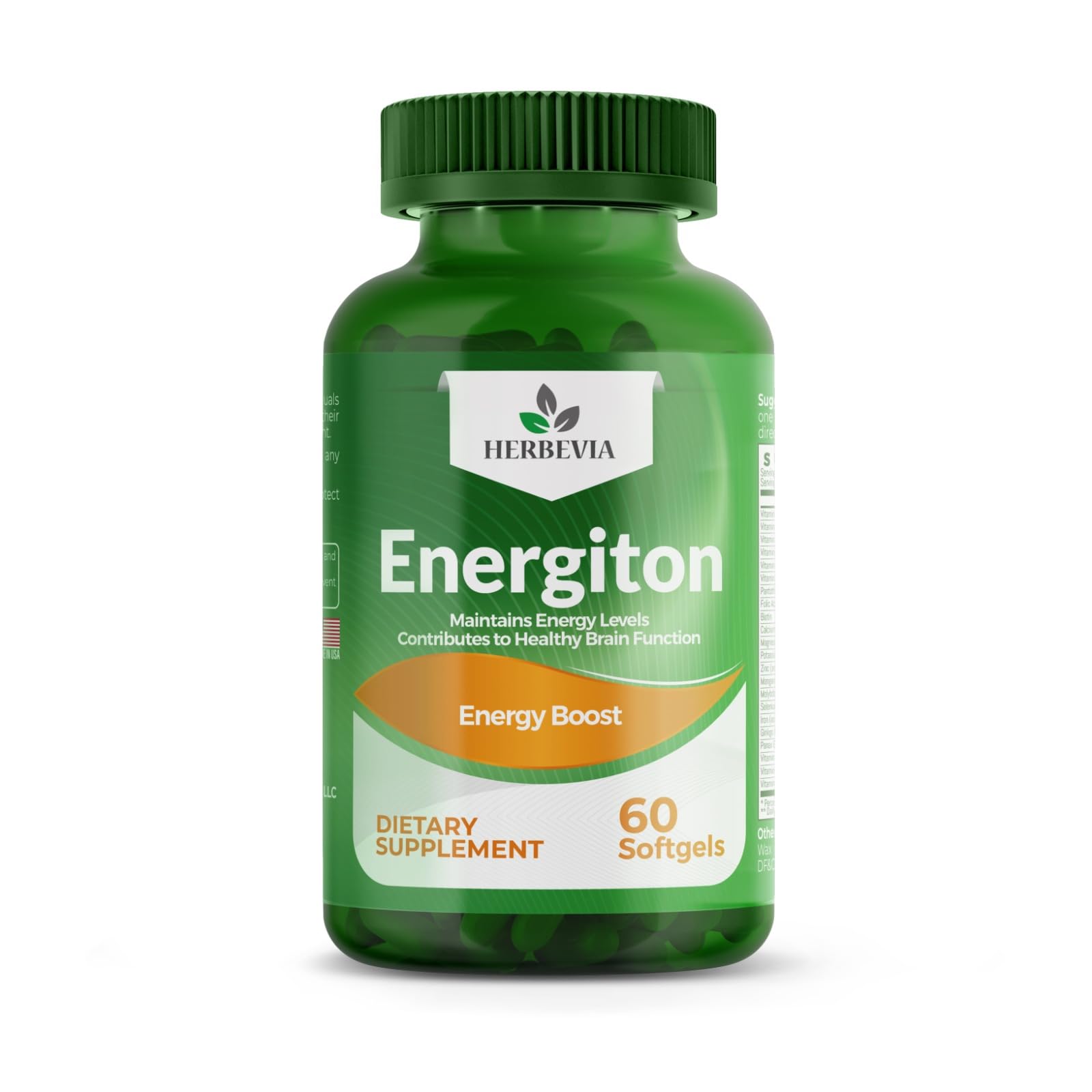 Herbevia Energiton | Energy Supplement | B-Complex, Ginkgo Biloba & Ginseng Multivitamins | Boost Focus & Alertness | Anti-Fatigue for All | Caffeine Free | Halal Certified | GMO-Free | 60 Softgels