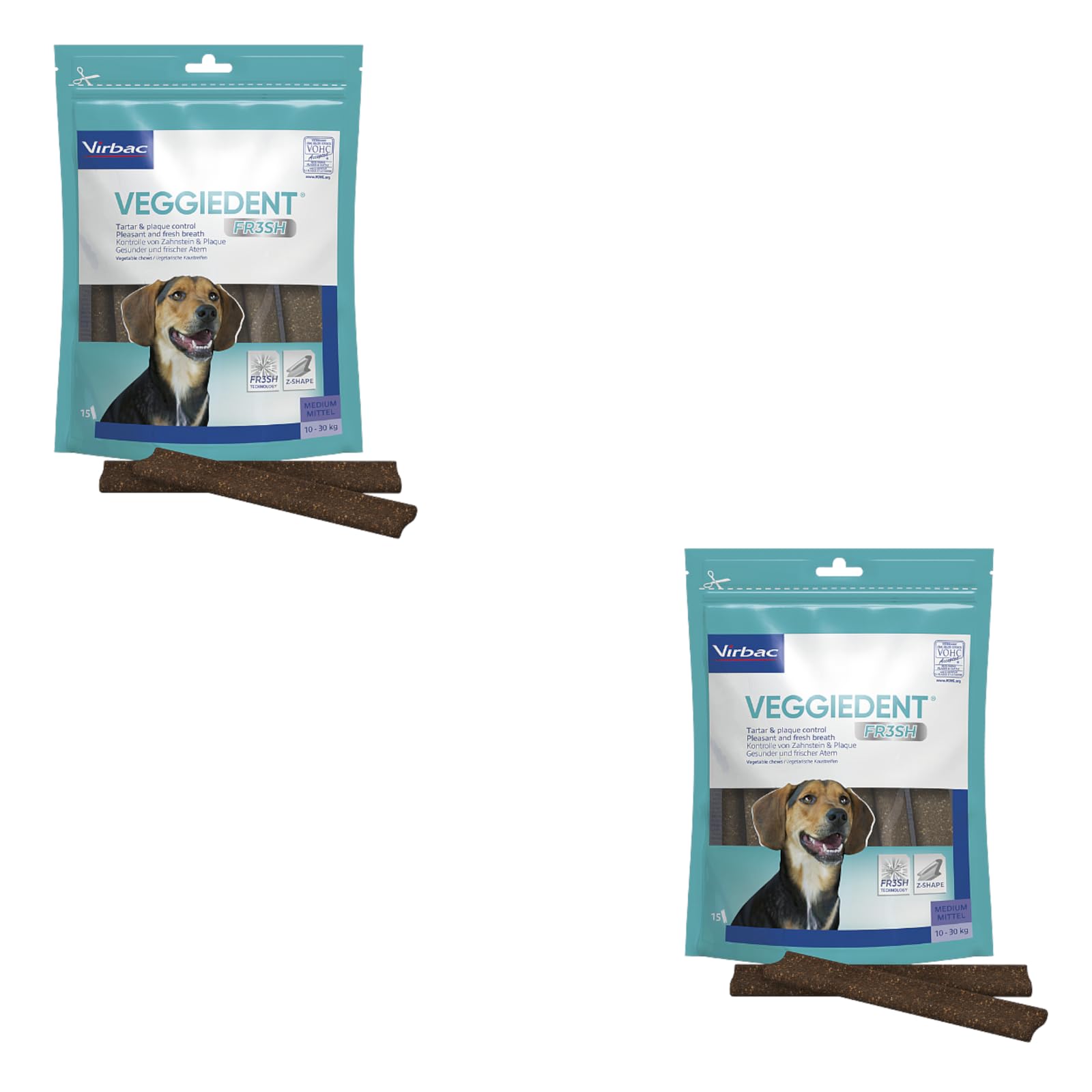 Virbac VeggieDent M Lot de 2 paquets de 15 bandes à mâcher pour chiens de taille moyenne (10 à 30 kg)