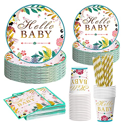 infolody Babyparty Deko Junge Neutral Mädchen Partygeschirr Pappteller Kindergeburtstag Servietten Tassen Stroh 125 Stück Papier Geschirr Grün Gold Party Teller für Baby Shower Geburtstag(25 Gäste) Cover