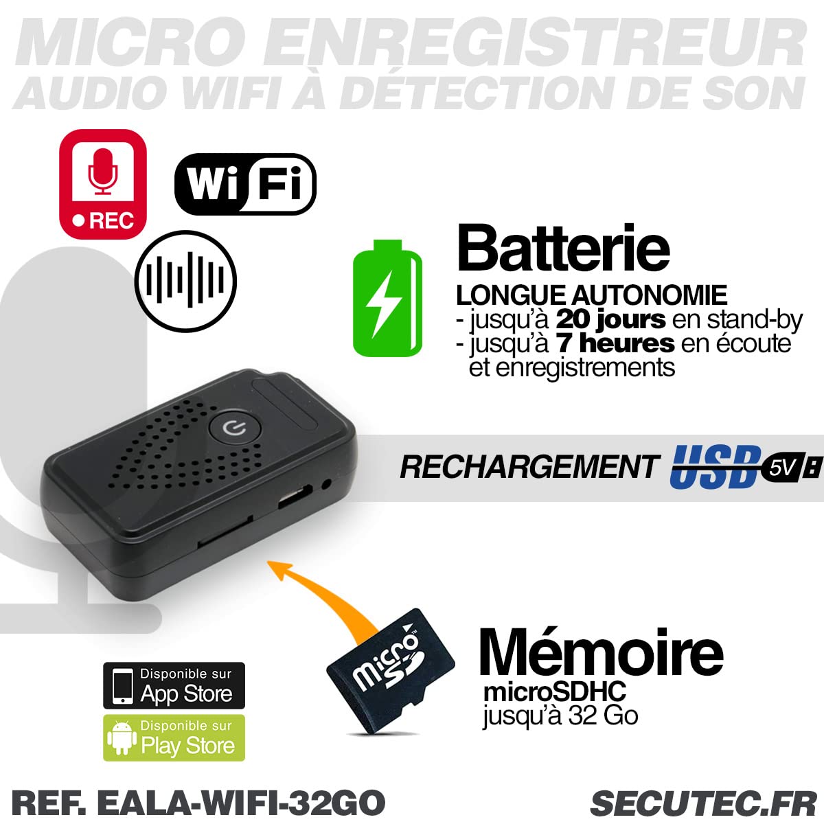 Mini Enregistreur Audio WiFi Autonomie Longue détection de Bruit, écoute à Distance 32 Go