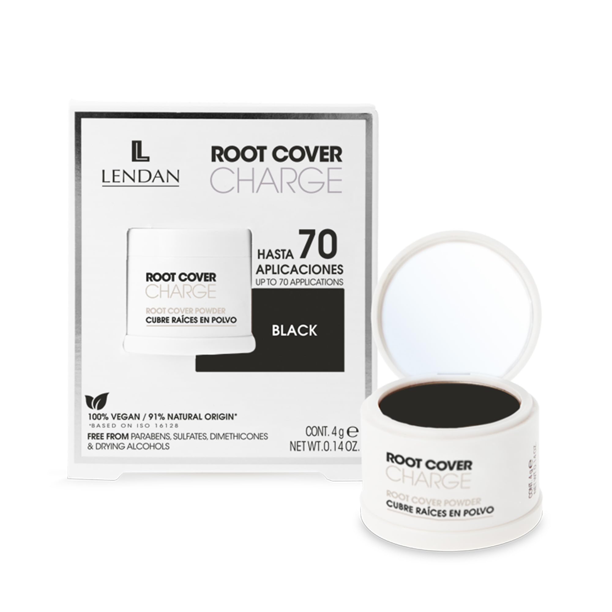 LENDAN - Cubre Raíces Canas en Polvo - Root Cover Charge - 4 g - Color Negro - Polvo Mineral para una Cobertura Fácil, Instantánea y Natural de las Canas - Absorbe la Grasa o Sebo de la Raíz
