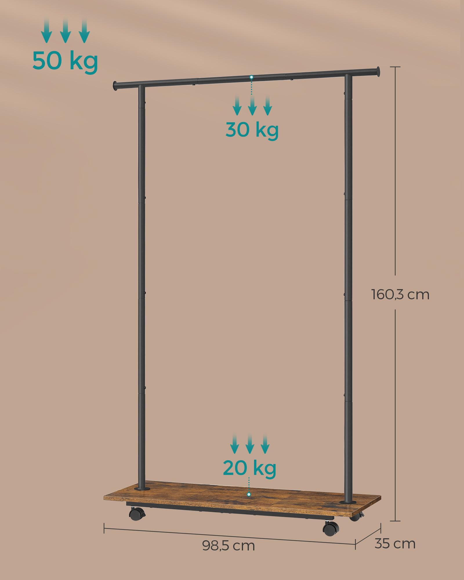 Kledingrek - Met wielen en plank in eiken -crèmewit