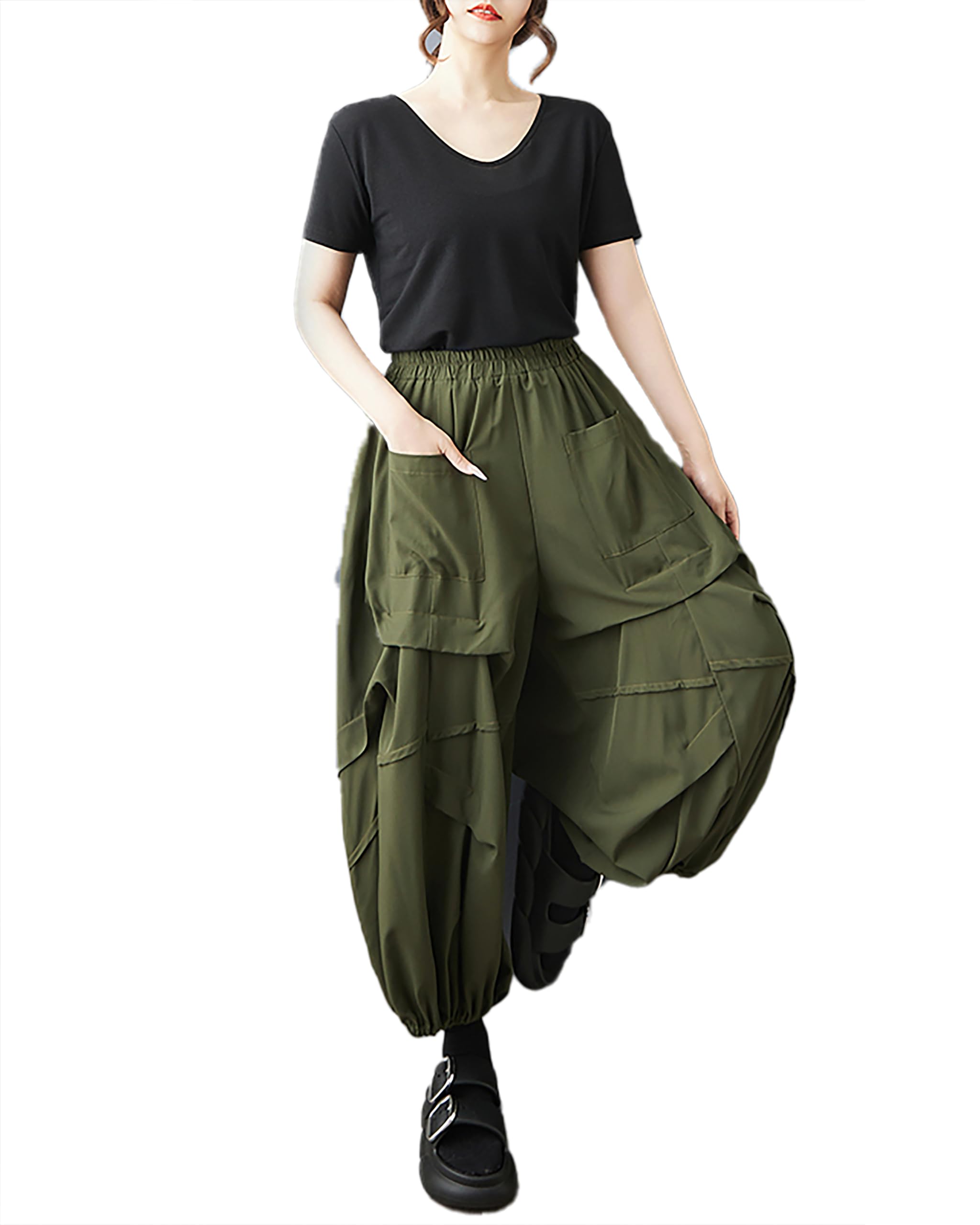 ellazhu Womens Pants Elastic Waist Two Pockets Solid Plus Size Lantern-Shape Wide Leg Casual Fashion Summer GZ561 A