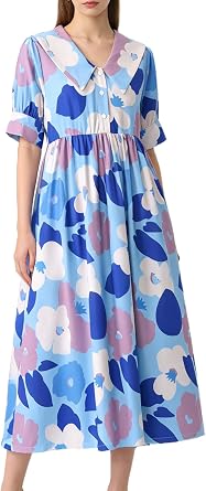 KEOMUD Summer Dresses for Women Floral Maxi Dress V Neck Puff Short Sleeve Dress Loose Beach Vacation Clothes