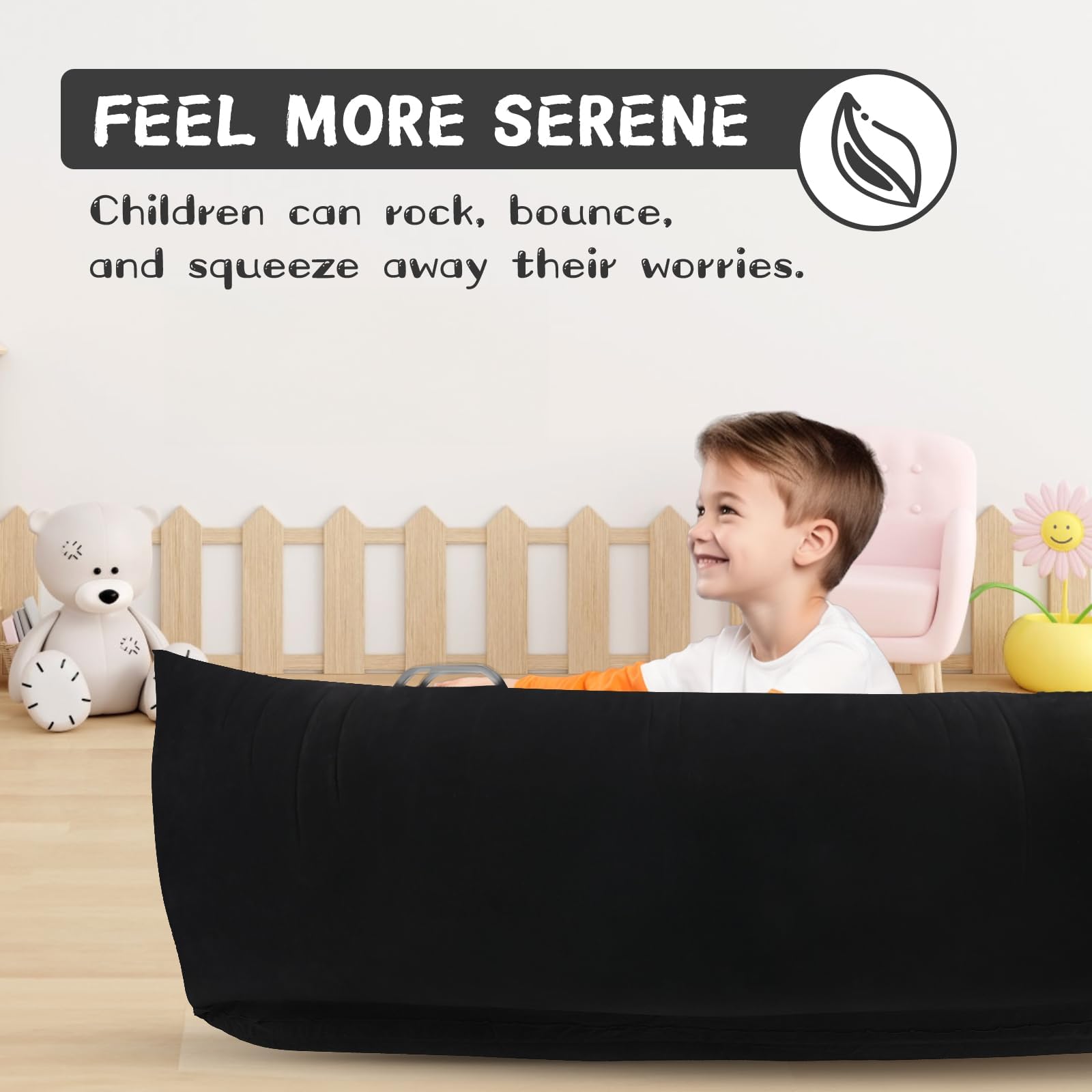 Toggloo Sensory Chair for Kids — 60 inch Comfy Peapod Sensory Chair for Kids Reading Corner, Inflatable Peapod Canoe for Children, ADHD Sensory Pea Pod — Includes Air Pump, Black