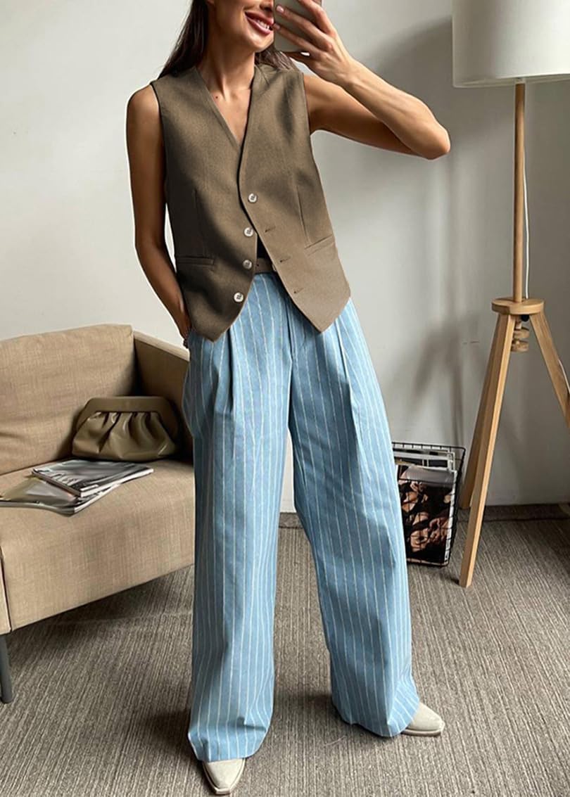 Tailleur Pantalon Femme Chic et Élégant Ensemble 2 Piece Gilet avec Bouton et Pantalon Décontractée Outfit Ete Tailleurs de Coton Costumes de Travail Streetwear