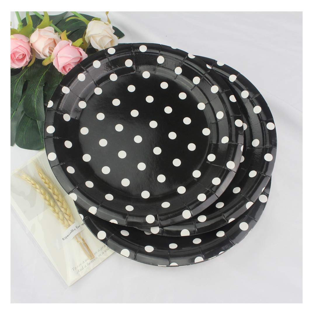Dulousia Black Polka Dot Paper Plates 36pcs - 9inch Round Party Plates for Dessert, Cakes, Fruits