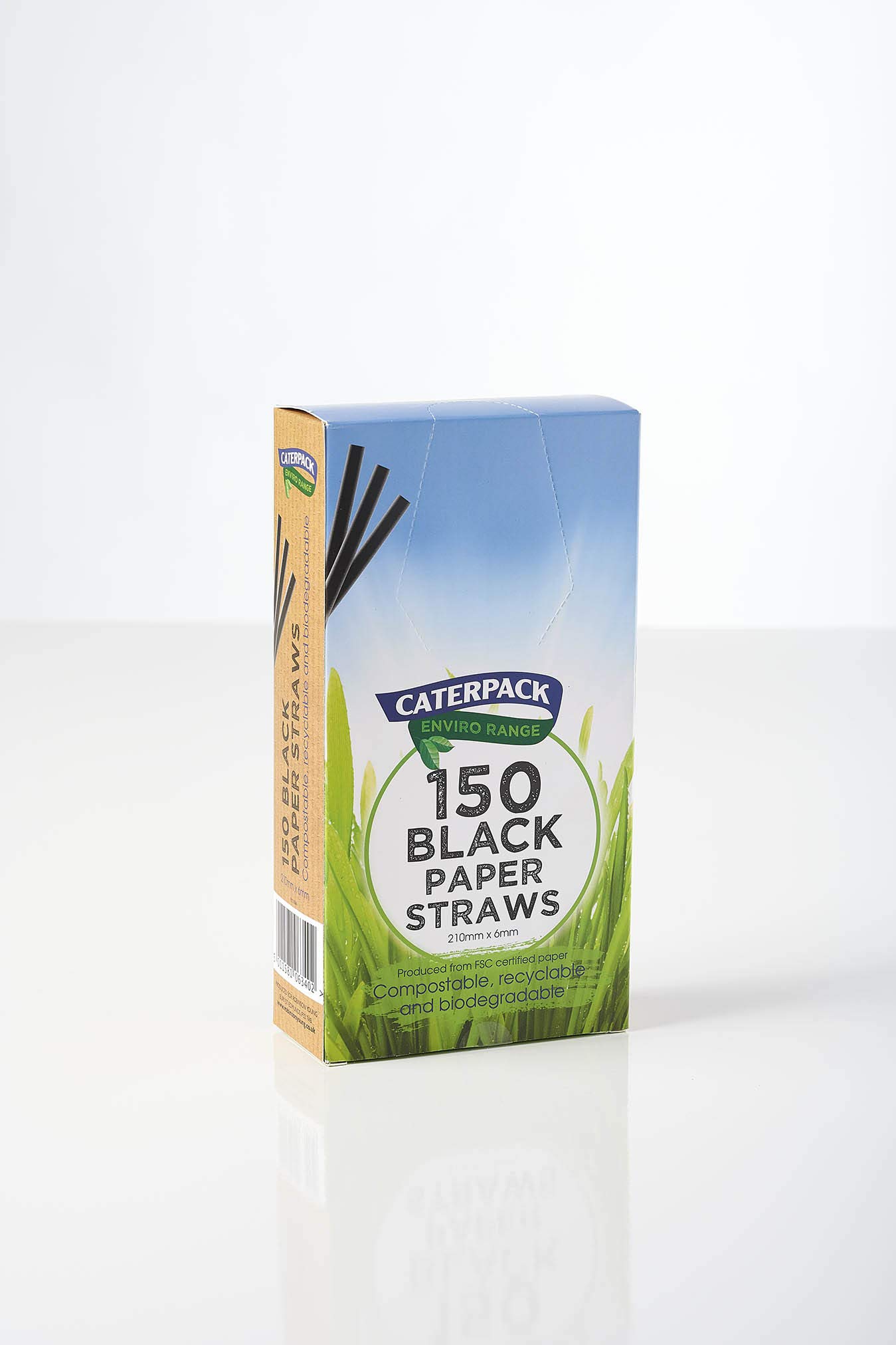 Caterpack Enviro Paper Straws Black 150 Pack, 210 x 6mm, Fully Recyclable, Biodegradable and compostable. Strong & Sustainable.