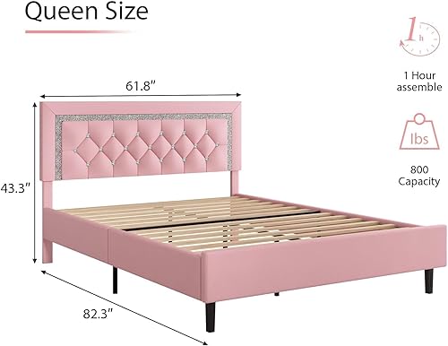 Miniatura 9 de BarnFurin Base de cama tamaño matrimonial con cabecera de botones copetudos, plataforma tapizada con diseño de diamante, soporte de listones de