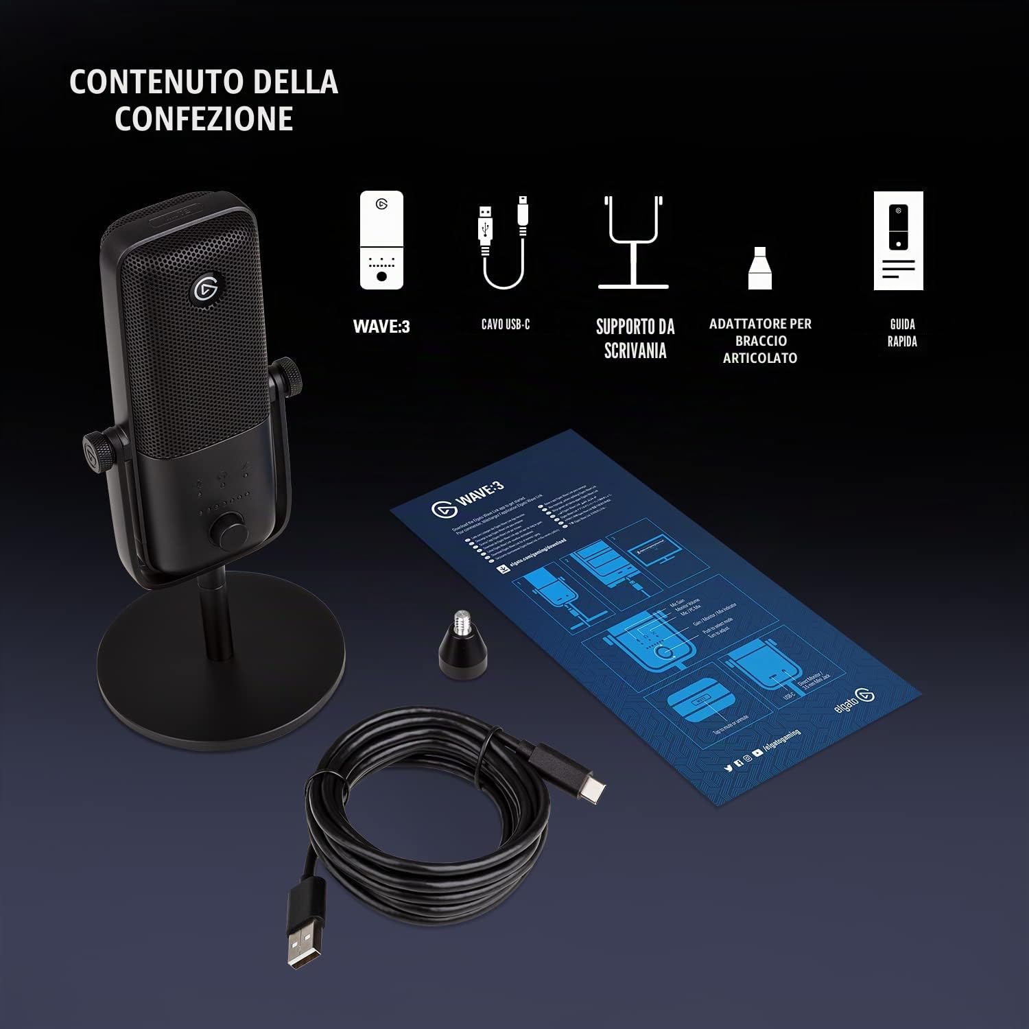 Elgato Wave:3, microfono condensatore USB premium per streaming, podcast, gaming e home office, software di mixaggio gratis, plug-in per effetti audio, anti-distorsione, plug ’n play, per Mac e PC