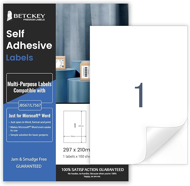 200 Sheets, A4 Sticker Paper Labels, Printable Full Sheet Self Adhesive Labels for Inkjet & Laser Printer, 210 x 297mm