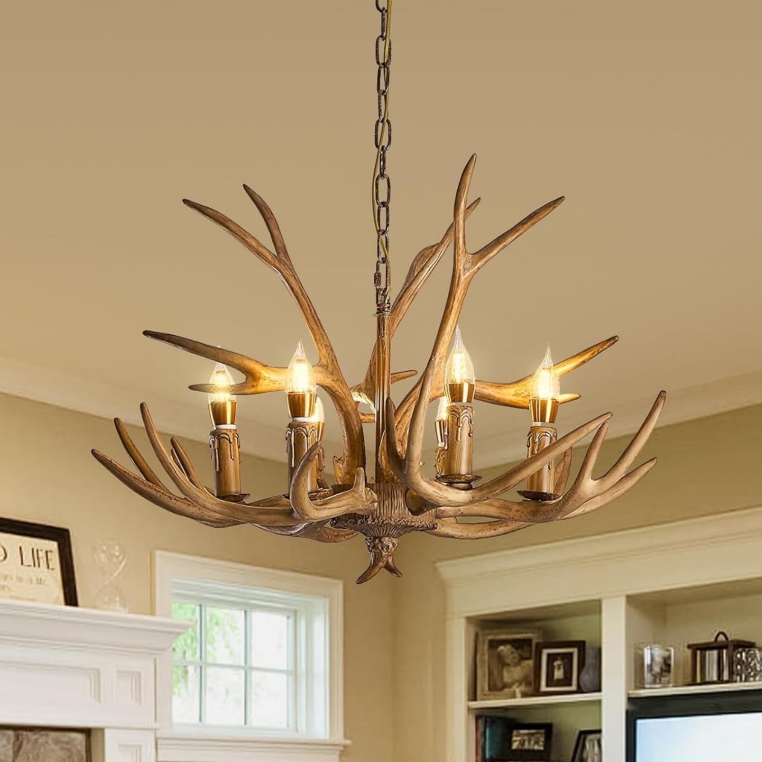 AroimRex 6-Light Vintage Rustic Antler Chandelier Farmhouse Faux Antler Pendant Light Bar Lights Hanging Light Fixture for Cabin Living Room Bedroom Dining Room Bedroom Bar Cafe Kitchen Island