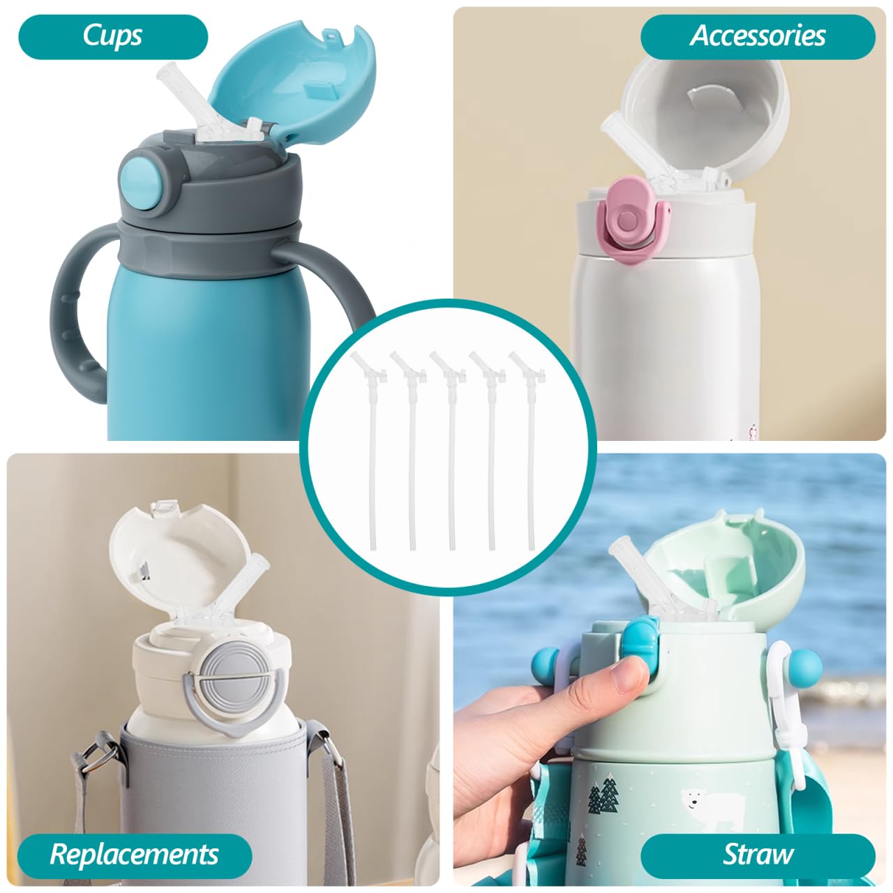 Alipis Set mit 5 wiederverwendbaren Trinkhalmen aus weichem Silikon, Ersatzzubehör für Kinderflasche, transparentes Rohr mit abnehmbarer Düse für Reisebecher, Schule, Haus, nicht für Bea·ba