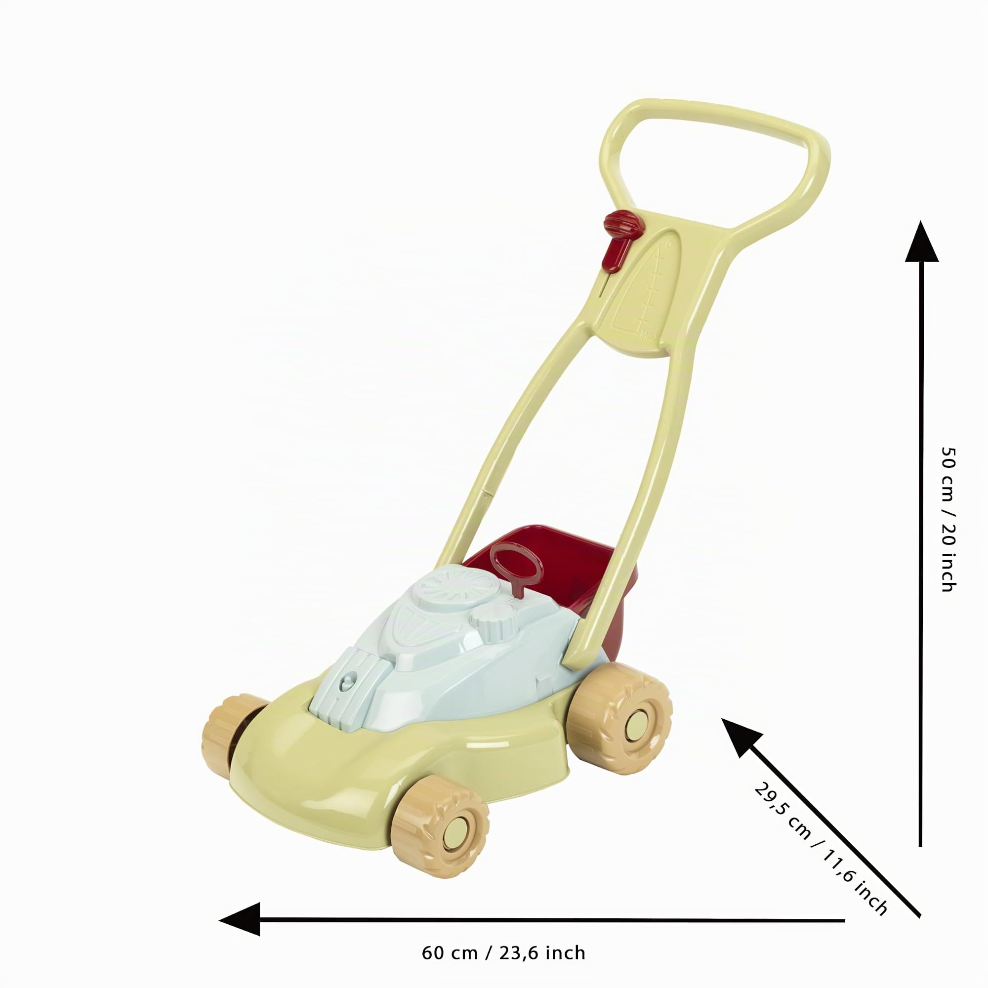 Theo Klein 7686 Rasaerba con contenitore di raccolta rimovibile I Rumori meccanici di scoppiettio e di sferragliamento I Plastica riciclata I Anti-UV, Giocattoli per bambini dai 18 mesi in su