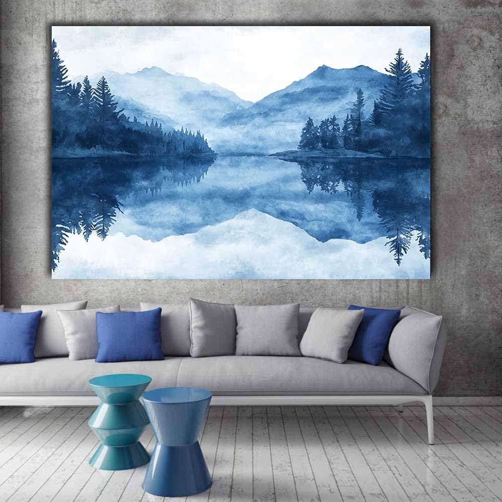 QUSAAOU Bilder Wohnzimmer Modern Blaues Aquarell Bergsee Moderne FüR Das Wohnzimmer Auf Leinwand Wandbilder Affiches Murales Pour La Maison(Blau)-30x45cm Gerahmt