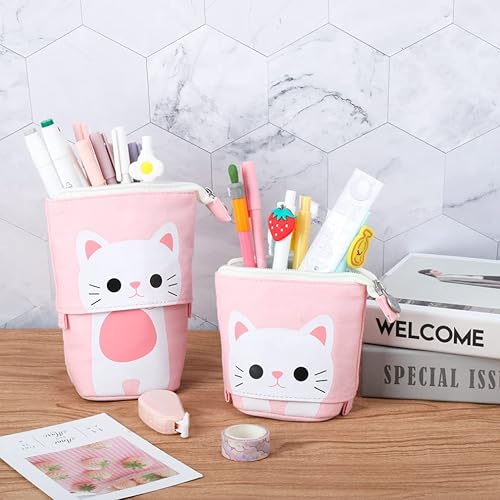 Miniatura 4 de iSuperb - Portalápices convertible para soporte y almacenamiento, de lona y poliuretano, con caricatura de gato adorable cartuchera telescópica con