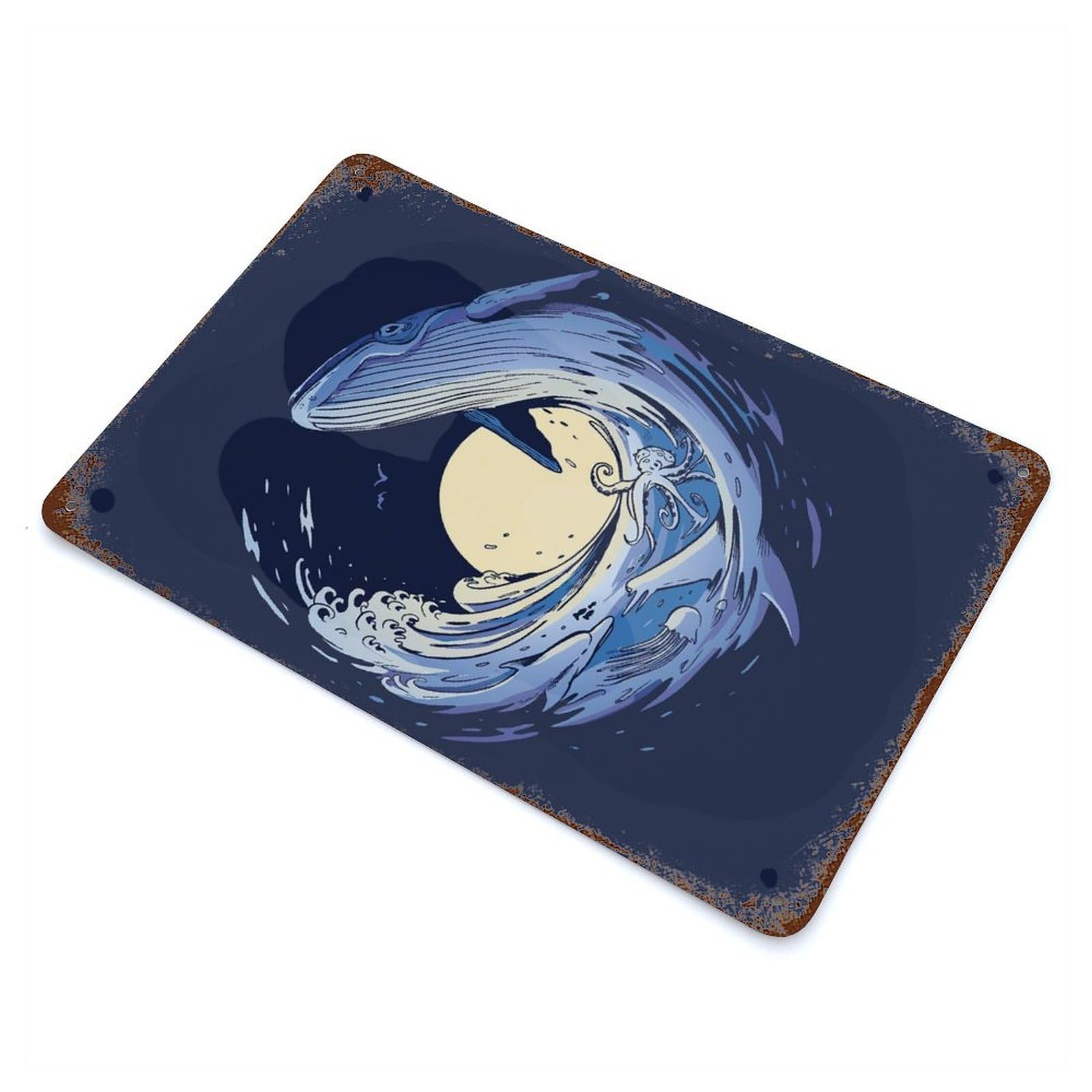 Rustic Tin Plaque with Whale Fish Painted Design 11.8"x7.9", for Cafe, Home Bar And Lounge Decor, Industrial Home Decor