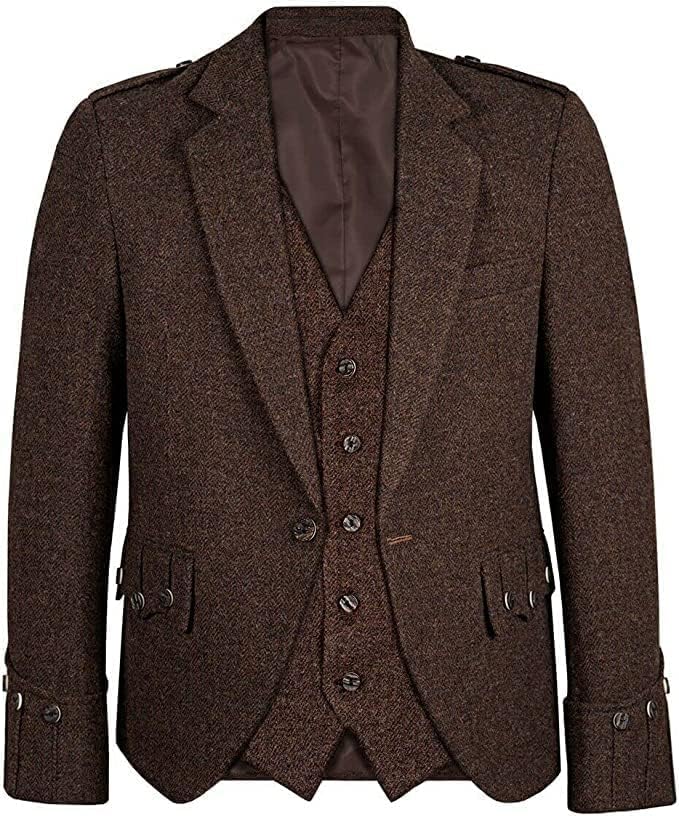 Dark Brown Tweed Argyll Argyle Kilt Jacket with 5 Button Waistcoat Vest
