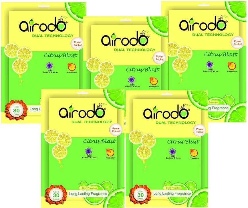 Airodo Air Freshener Citrus Blast Pocket Gel | Long Lasting Premium Luxury Fragrance Booster | Automatic Freshener Skin Friendly Lemon Scents Suitable for Home/Office/Bathrom (Pack of 5, 50gm)