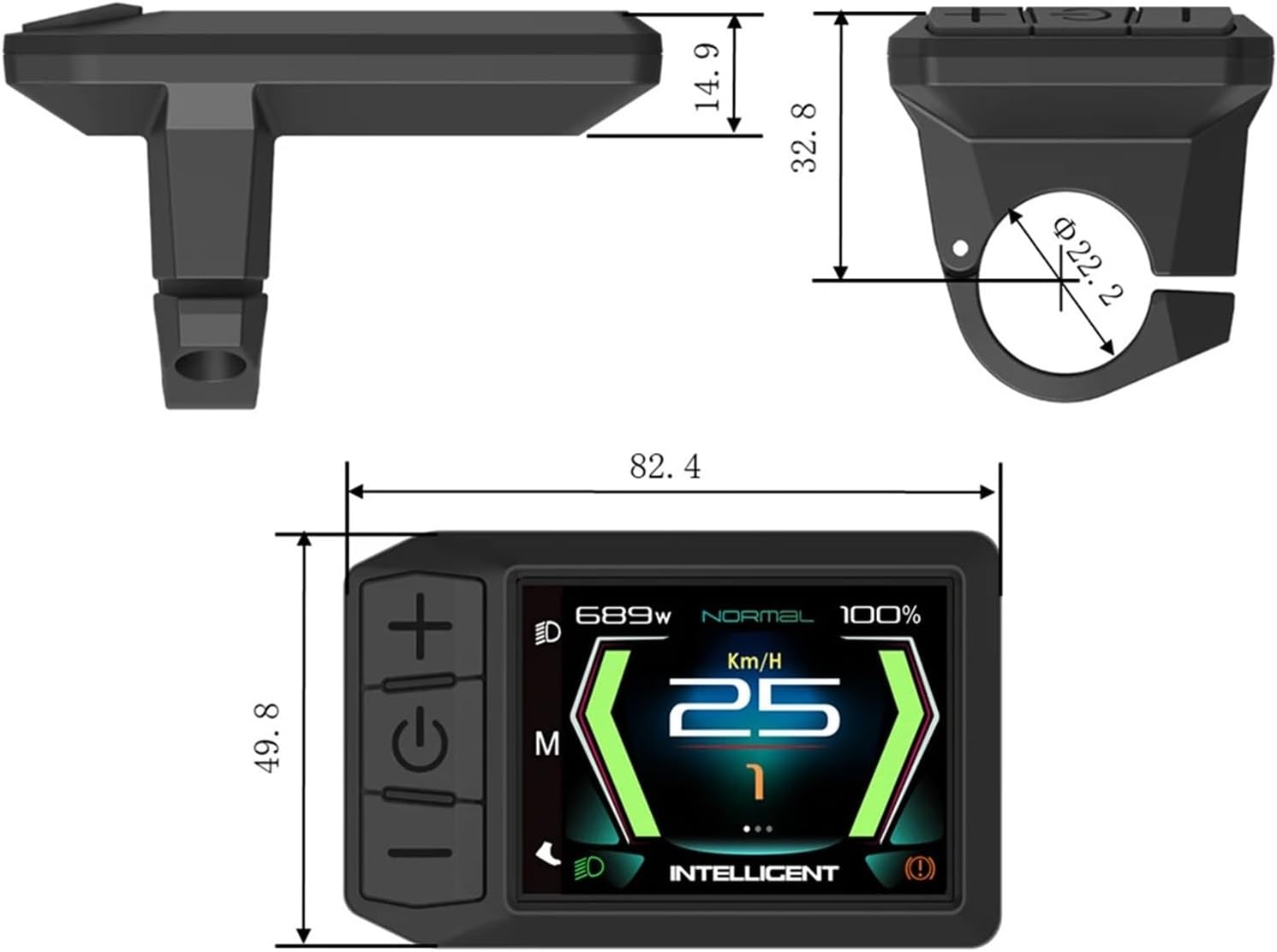 Technical drawing showing dimensions of the 600C-CAN display and its mounting bracket