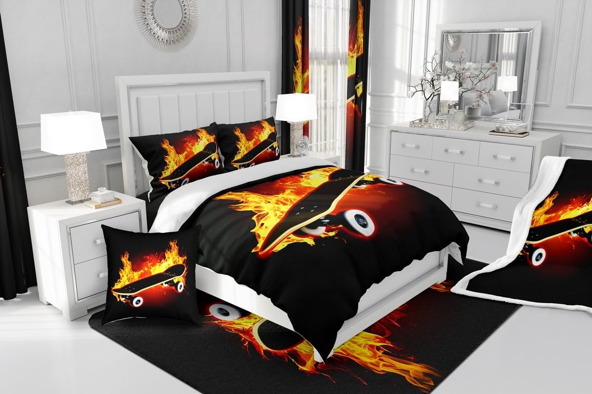 jejeloiu Skateboard Area Rug 3x5 Extreme Sports Theme Rugs for Living Room Bedroom Fire Hippie Skate Board Yellow Black Decorative Rug