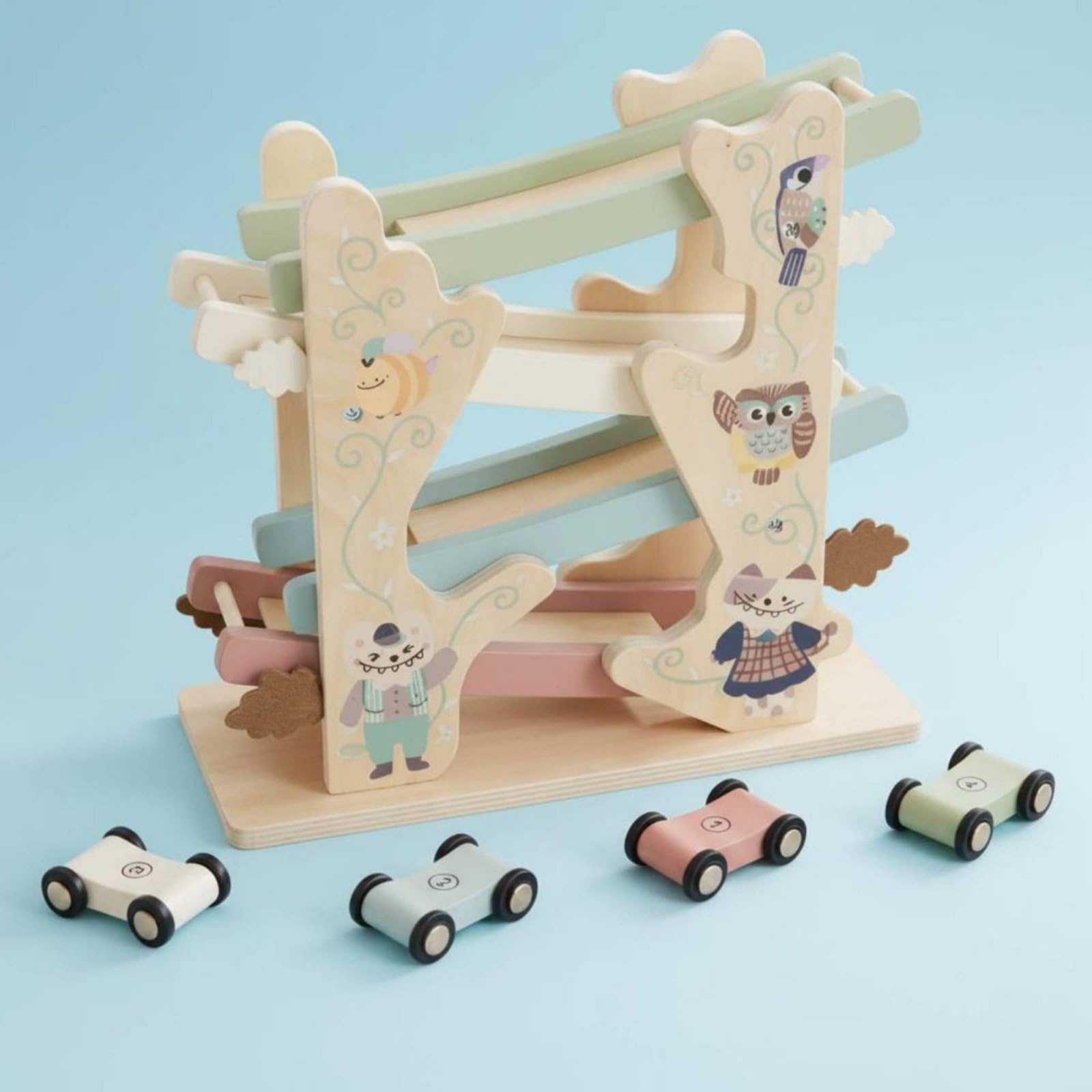 Auto Educativa Bambini Pista Rampe in Legno Giocattolo Corsa Discendente a Inerzia Scivolo Stratificato Legno Verniciato Ad Acqua con Illustrazioni