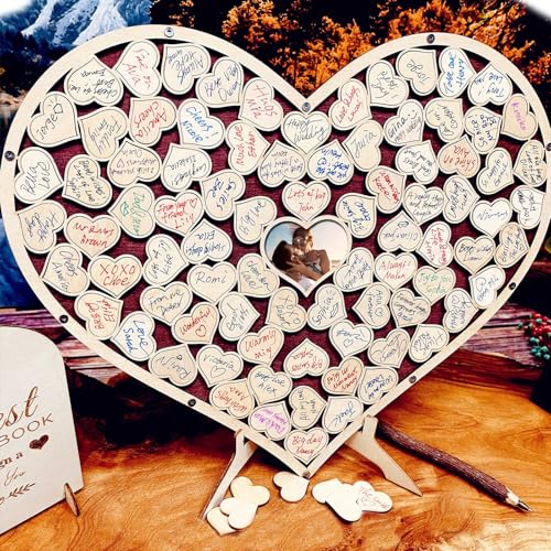 Image of Wedding Guest Book Unique Wooden Heart Alternative GuestBook Bridal Shower Wedding Decoration with 83 Wooden Hearts 1 Sign Pen Set (Reddish Brown)