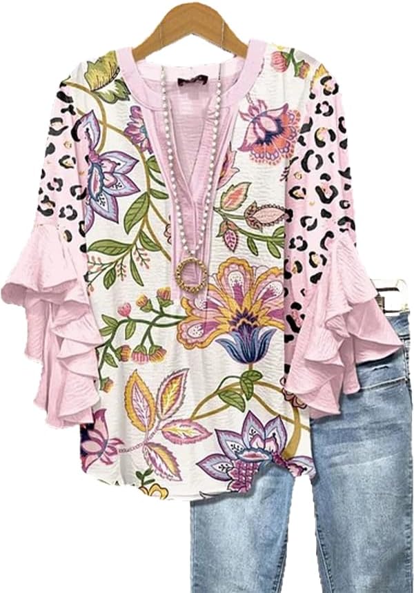 DEPENSL Womens Blouses Dressy Casual Boho Floral Printed 3/4 Ruffle Tops Trendy 2026