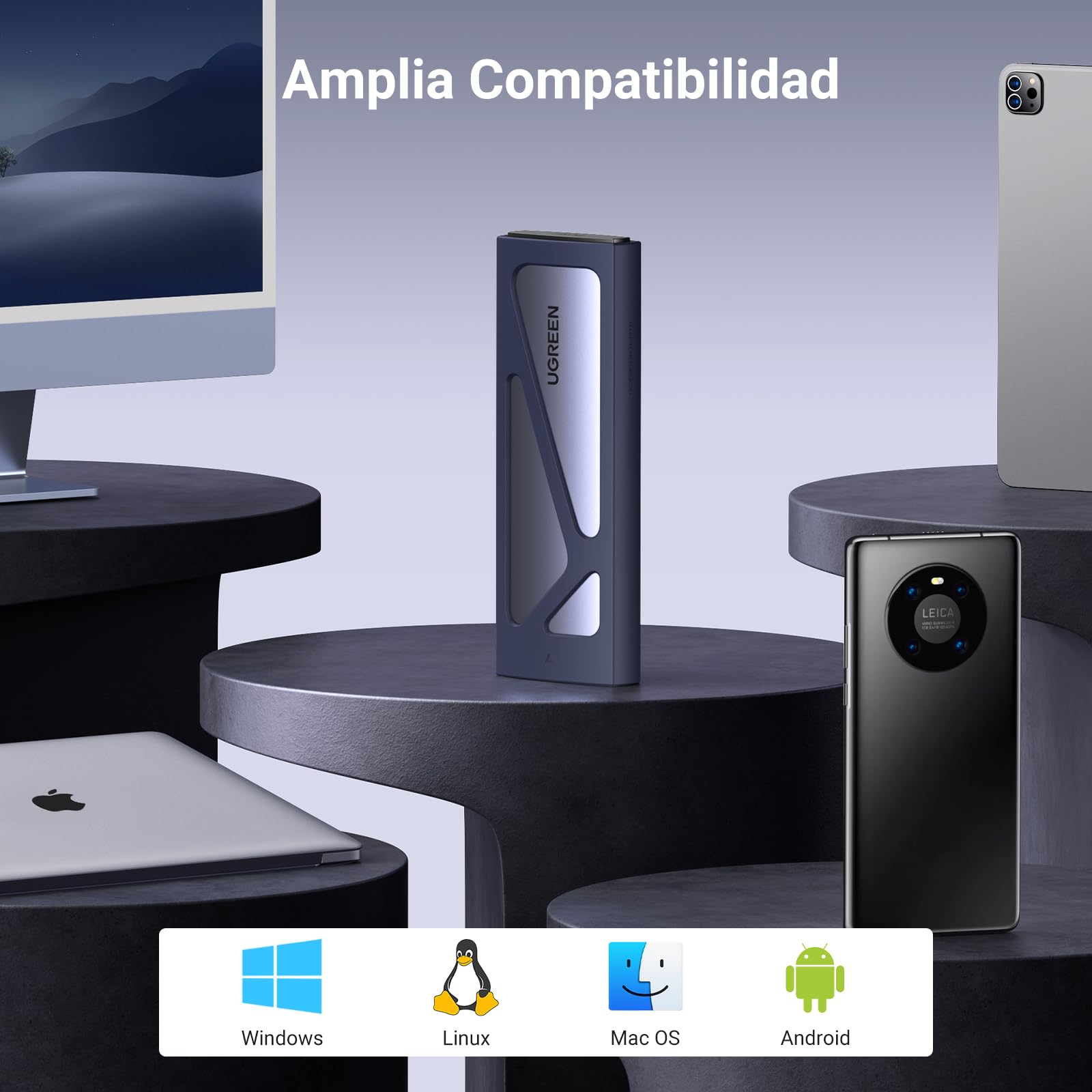 UGREEN Case SSD M.2 NVMe PCIe USB C 3.2 Gen 2 10Gbps UASP, Enclosure Esterno per Disco Rigido 2TB M/M&B Key 2230/2242/2260/2280 con Cavo Compatibile con 970 Evo Plus 980 PRO WD SN770 Kingston Blu